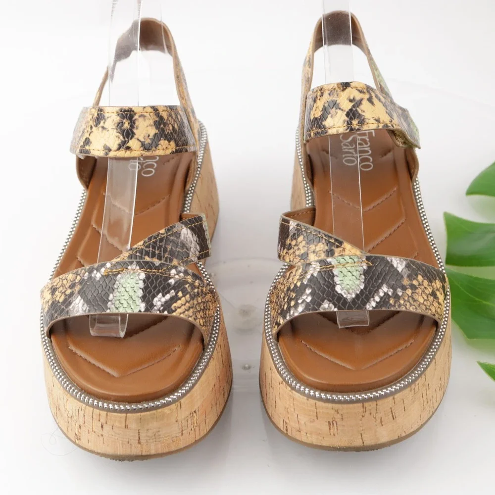 Franco Sarto Womens Ozio Sandals Size 8.5 Brown Snake Cork Wedge Platform Shoes